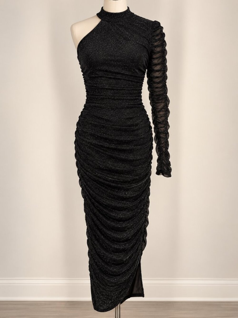 Emprada Black One Shoulder Ruched Shimmer Midi Dress XL NWOT